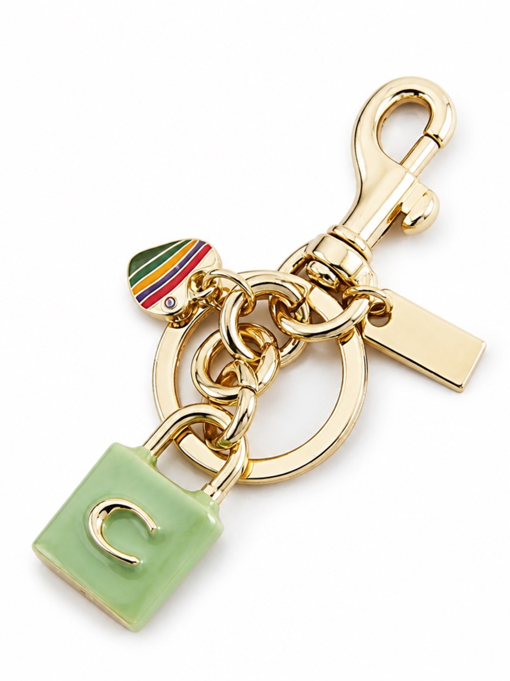 Coach Gold-Tone Hardware Green Enamel Padlock Key Holder with Multicolor Charm